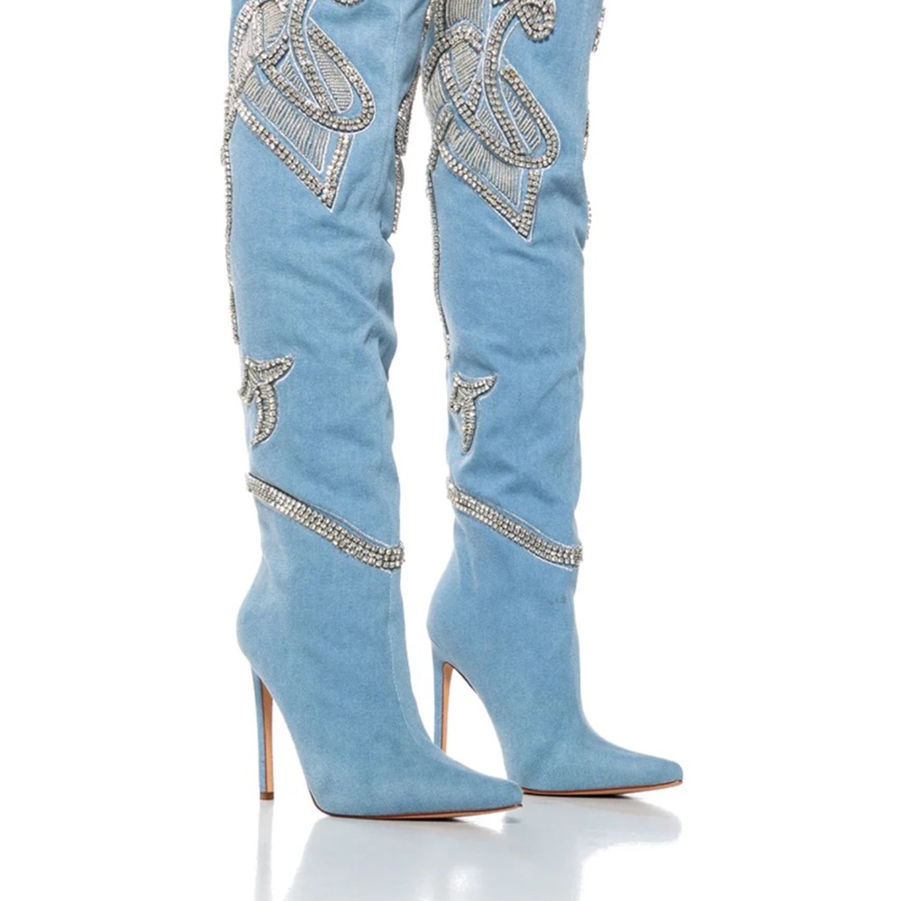 Azalea Wang Everlee Denim Embellished Over the Knee Boot New 8.5